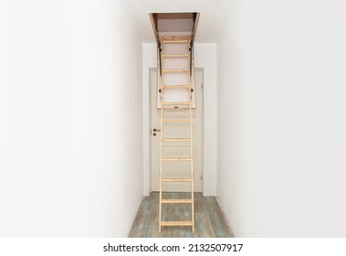 Wooden foldable pull up attic stairs ladder at empty white home corridor  Narrow hallway and white walls   blue laminate flooring 