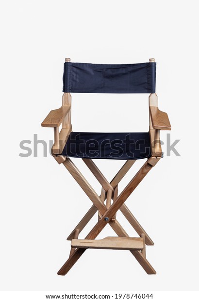 Wooden folding chair isolated on white\
background. Director\'s chair with black\
cloth