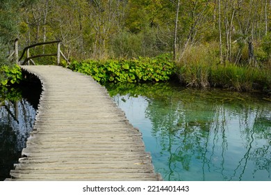 A wooden footbridge over a beautiful turquoise lake in untouchable nature