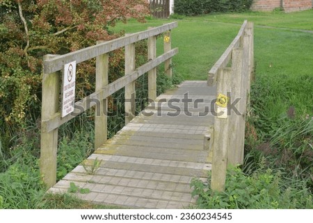 Wooden footbridge over a small dyke, surrounded by grassland and bushes with red berries. The bridge is weathered and rickety looking.