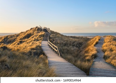 Wooden  footpath through the dunes to the beach of Norddorf on German North Sea island Amrum, late afternoon