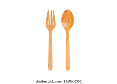 Wooden Fork And Spoon Isolated On White Background.top View