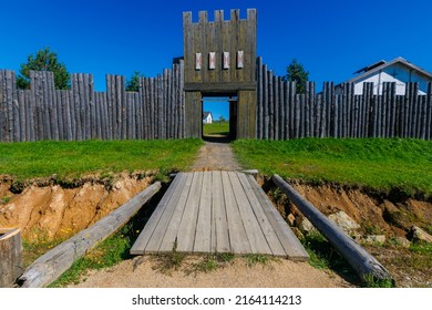 Wooden fortress in the Russian village. Old Russian fortress.