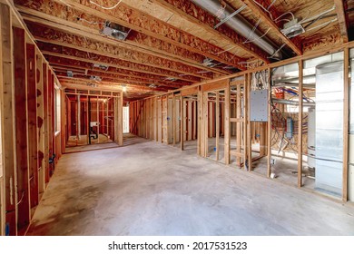 Wooden Foundation Inside An Unfinished Basement Of A House