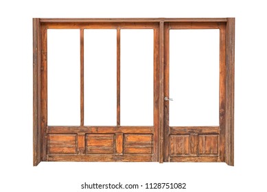 The wooden frame of a store front isolated on white background