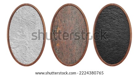 Wooden frame. Three blank oval frames with creative rust and stone insert isolated on white background. Blank frame. Signage mockup. Old frame. Bulletin board