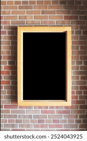 wooden framed black background sign on brick wall for advertisement or announcement