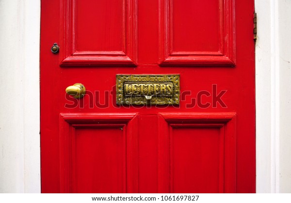 Wooden Front Door Painted Red Brass Stock Photo Edit Now