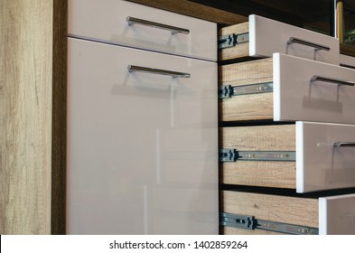 Wooden Furniture With Drawers And Glossy White MDF Facades