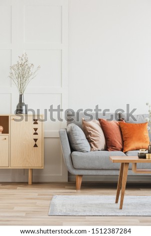 Wooden furniture and grey scandinavian sofa with pillows in beautiful living room interior
