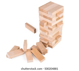 Wooden Game Jenga. On White, Isolated Background.