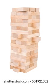 Wooden Game Jenga. On White, Isolated Background.