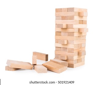 Wooden Game Jenga. On White, Isolated Background.