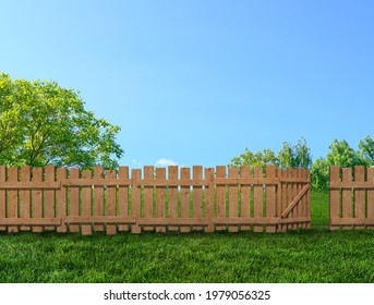 Wooden Garden Fence At Backyard And Trees In Summer