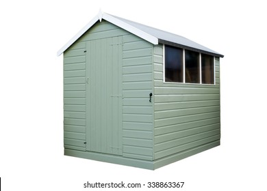 Wooden Garden Shed Painted In Green On An Isolated White Background With A Clipping Path