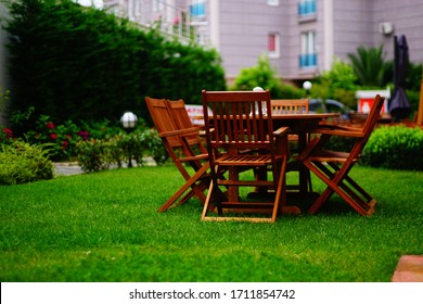 Wooden Garden Table Chairs Wooden Dining Stock Photo 1711854742