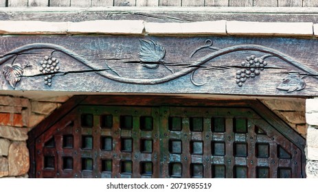 Wooden Gate In Medieval Style . Wine Cellar Entrance