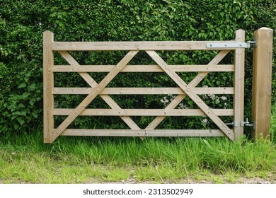 A wooden gate in open position next to hedge of rural garden 