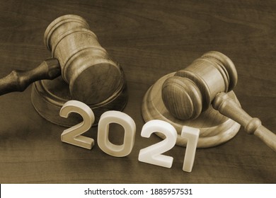 Wooden Gavels And Numbers 2021. Concept New Laws In Year 2021.