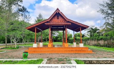 Wooden gazebo in the garden, typical of Java