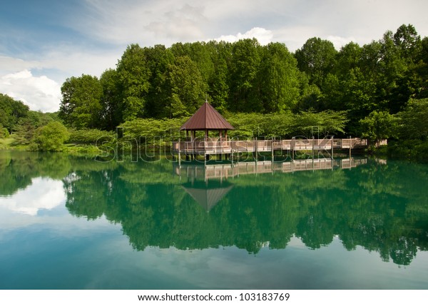 Wooden Gazebo Reflection Meadowlark Botanical Gardens Stock Photo