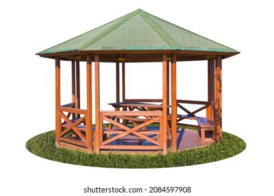 Wooden Gazebos With Picnic Table And Wooden Bench In A Garden - Concept Image On White Background For Easy Selection.