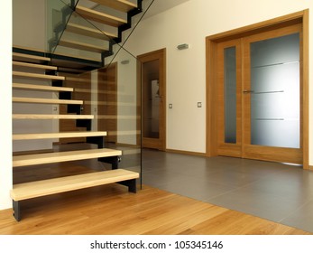 Wooden And Glass Stairs In The Modern House Interior