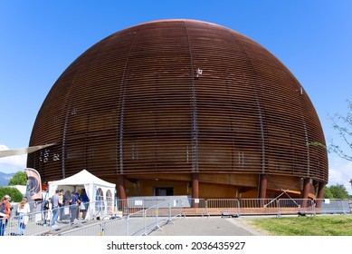 Wooden globe named Cine Globe at European Science Campus Cern on a sunny summer day. Photo taken August 28th, 2021, Geneva, Switzerland.