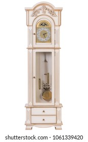 Wooden grandfather clock, with gold clock face isolated on a white background