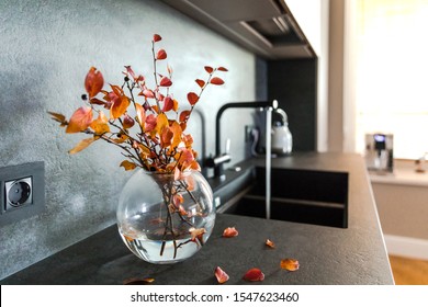 Wooden Grey Kitchen Room Organization. Pure Water And Clear Sink With Fall Decor