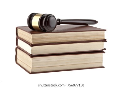 Wooden hammer on a pile of books isolated on a white background