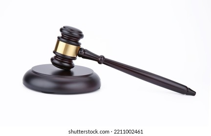 Wooden Hammer For Ship Stand On White Background. Exquisite Auctioneer Hammer Design. Symbol Authority And Right To Perform Competent Actions In Office Judge.