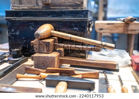 Wooden hammers, screwdrivers and various carpentry tools on the counter at Spitalfields Flea Market Stock photo © 