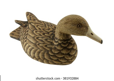 Wooden Hand carved Mallard Drake Decoy Duck isolated on white 