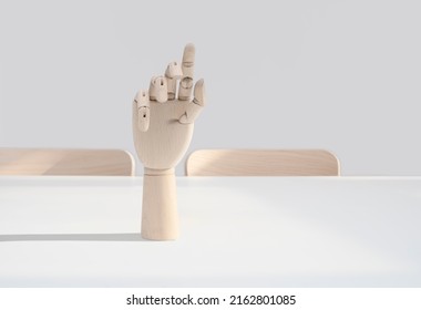 Wooden Hand On Office Desk, Front View