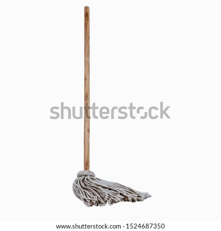Wooden handle and mop standing white background clean full length single hygiene Imagine de stoc © 