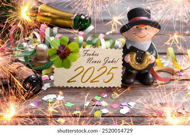 Wooden hang tag and slate with four leaf clover and sparklers with the german words for happy new year - frohes neues jahr 2025 on wooden weathered background	 - Powered by Shutterstock