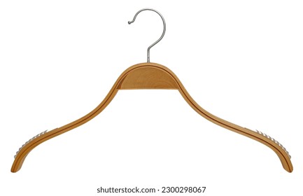 Wooden hanger for clothes isolated on white background. Empty clothes hanger with non-slip rubber ridges on its sides. Mock up template, no label for fashion business.