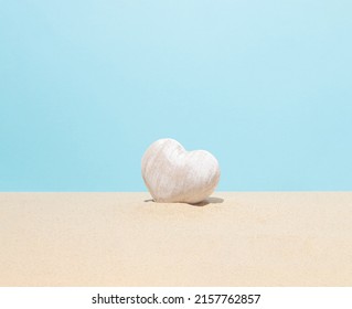 Wooden Heart On The Beach Sand. Summer Love Composition. Summertime, Holiday.