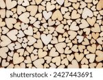 Wooden hearts textured background, full frame shot, Valentines day decor
