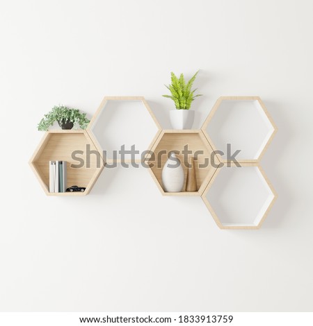 wooden Hexagon shelf little tree, books ,decoration copy space, mock up, hexegon