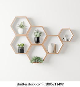 wooden Hexagon shelf with plants copy space for mock up ,isolated background