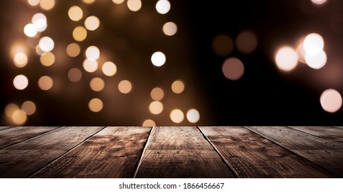 Wooden Holiday Empty Table, Night View, Blurred Bokeh Lights Background.