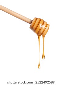 Wooden honey dipper with dripping honey close up isolated on a white background