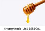 Wooden Honey Dipper Dripping Thick Golden Yellow Honey in a Viscous Stream, Macro Close-up Isolated on Clean White Background - Perfect for Food, Sweetness, and Natural Product Designs