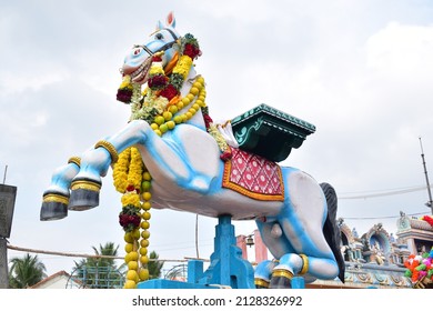 The wooden horse chariot erected in front of the Kulamangalam Ayyanar Temple for the procession ahead of the Masi magam festival. Pudukkottai district, Tamil Nadu in South India. 18.02.2022.