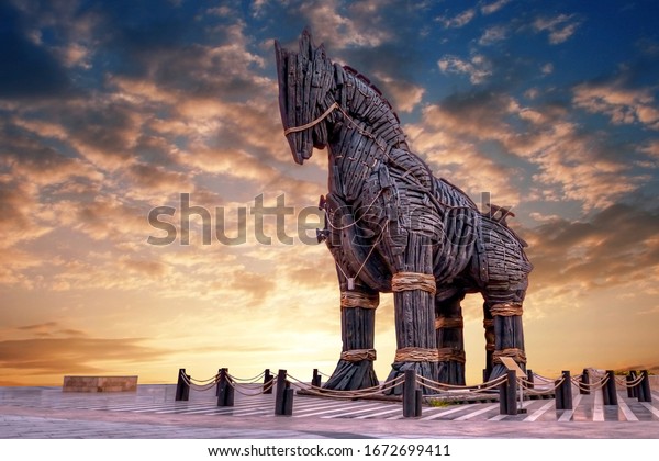 Wooden Horse view in Canakkale, Turkey.\
After the filming of the movie Troy,The wooden horse that was used\
as a prop was donated to the city of\
Canakkale