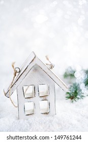 Wooden House Christmas Decoration On White Snow Background