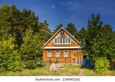 Wooden house in dense greenery in summer