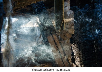 Wooden House In Fire And Smoke